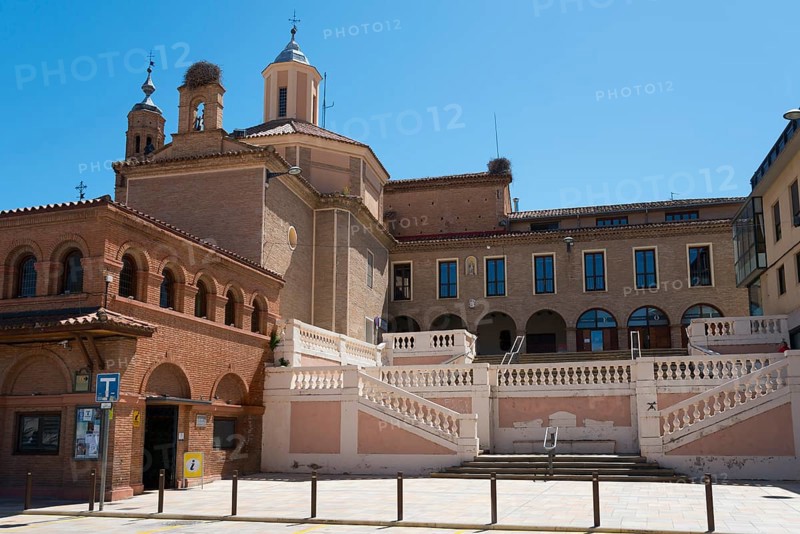 Historic church with stairs and brick façade under a blue sky, Iglesia y ex-convento de San Francisco, Church and former convent of San Francisco, Tarazona, Zaragoza, Aragon, Spain, Europe
