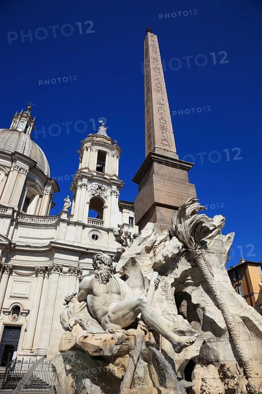 River God of the Ganges at the Fountain of the Four Rivers, Fontana dei Quattro Fiumi, Church of Sant'Agnese in Agone, Piazza Navona, Parione neighbourhood, Rome, Italy, Europe