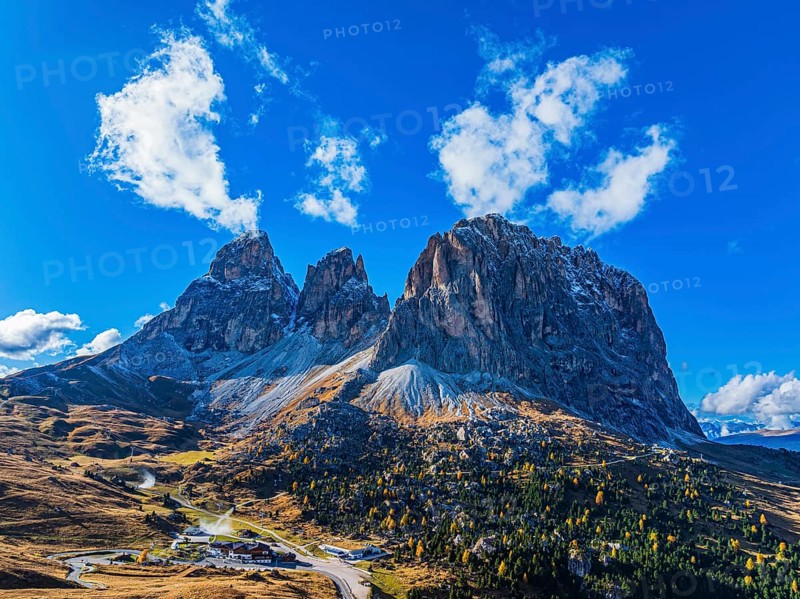 The peaks of the Sassolungo Group, Passo Sella, drone shot, Val Gardena, Dolomites, Autonomous Province of Bolzano, South Tyrol, Italy, Europe