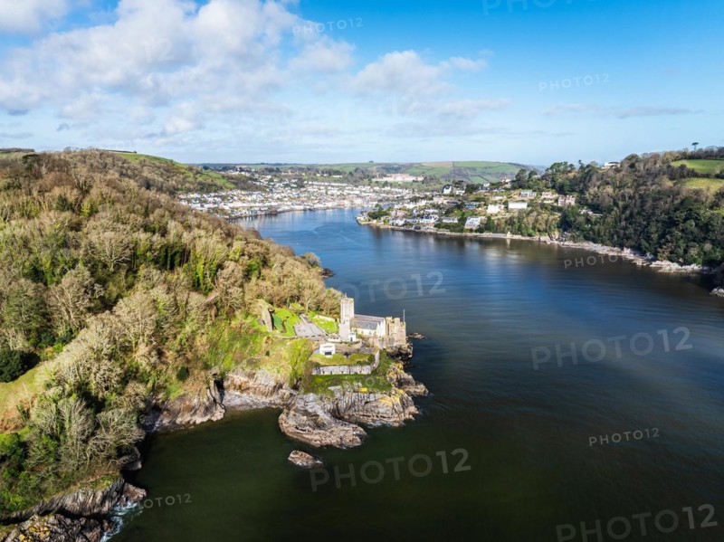 Dartmouth Castle over River Dart from a drone, Dartmouth, Kingswear, Devon, England, United Kingdom, Europe