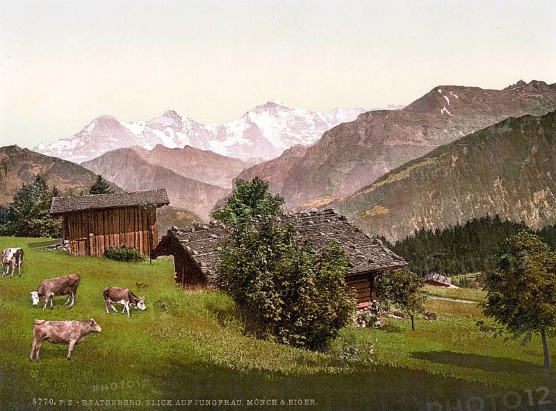 Beatenburg, Beatenberg, View of Jungfrau, Mönch and Eiger, Bernese Oberland, Switzerland, Historic, digitally restored reproduction from a 19th century original, Record date not stated, view of Jungfrau, Monch and Eiger, Bernese Oberland, Switzerland, Historic, digitally restored reproduction from a 19th century original, Record date not stated, Europe