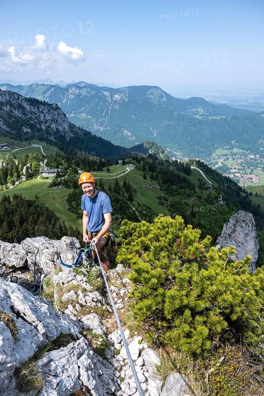Climber on a climbing tour, alpine climbing, crossing the Kampenwand, Chiemgau, Bavaria, Germany, Europe