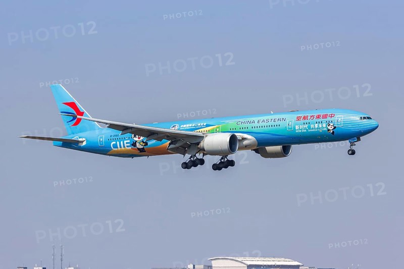 A Boeing 777-300ER aircraft of China Eastern with the registration B-2002 and the CIIE special livery at Pudong Airport (PVG) in Shanghai, China, Asia