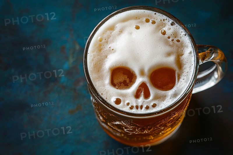 Beer mug with skull shape in foam on blue table. Concept for alcoholism and alcohol related deaths. Generative Ai, AI generated