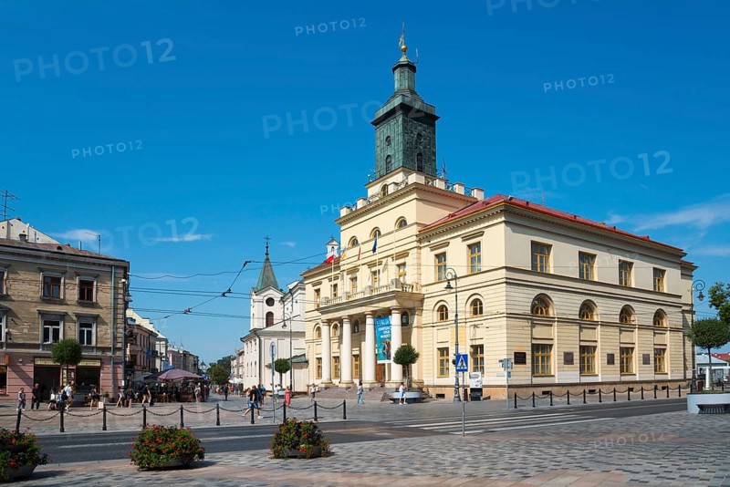 Town square with classicist town hall and tower under a blue sky, Town Hall, Lublin, Poland, Europe