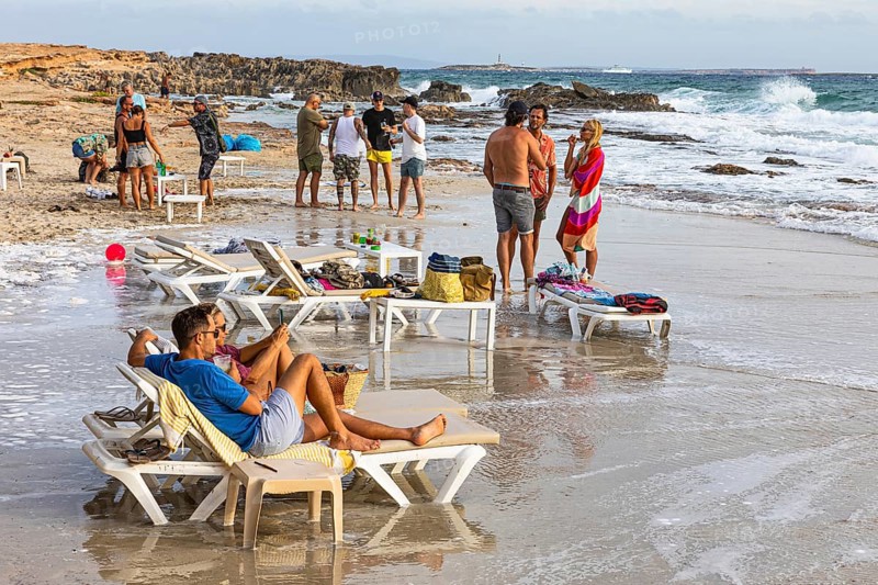 Bathers in front of the trendy beach bar Sa Trinxa on Salines beach, Ibiza, Balearic Islands, Mediterranean Sea, Spain, Europe