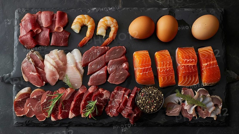 All meat, fish and eggs platter overhead. generative AI, AI generated