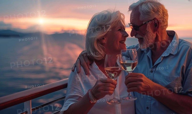 Happy senior romantic couple celebrate onboard of luxury cruise ship with glass of wine at sunset, AI generated