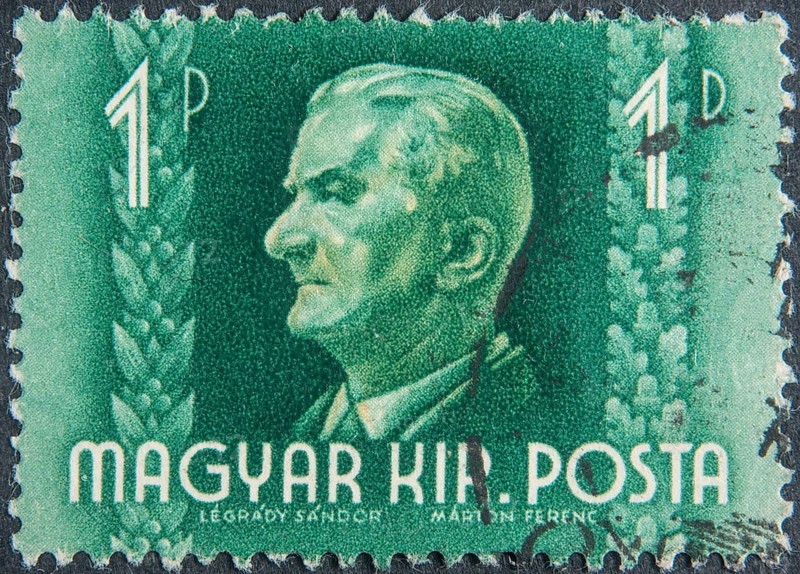 Miklós Horthy, (1868, 1957), Austro-Hungarian naval officer, Hungarian politician and military and head of state of Hungary from 1920 to 1944. Portrait on a Hungarian postal stamp
