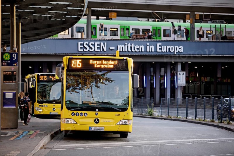 Essen public transport buses at Essen central station with local train, public transport, Deutschlandticket, Essen, Ruhr area, North Rhine-Westphalia, Germany, Europe
