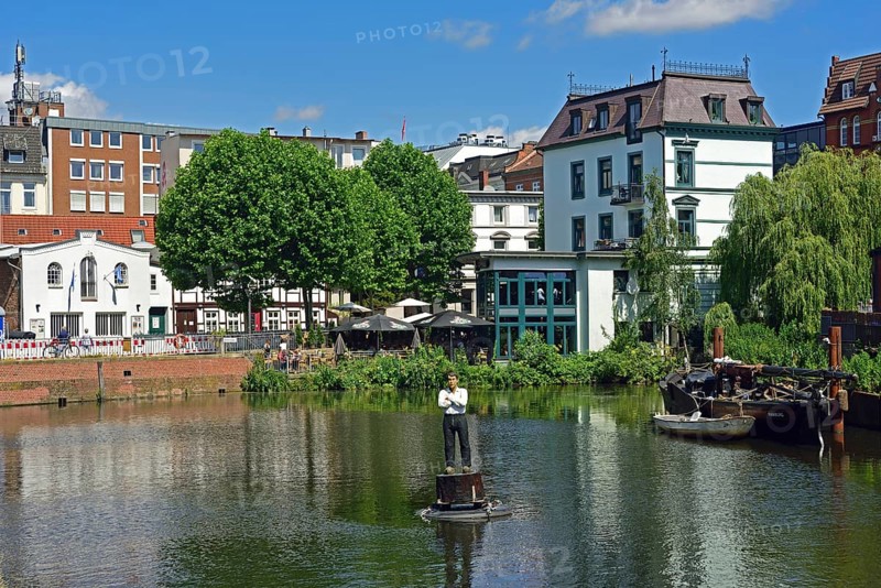 Europe, Germany, Hamburg, Bergedorf district, old town, Serrahn, city harbour, art, buoy man by Stephan Balkenhol, Hamburg, Hamburg, Federal Republic of Germany, Europe