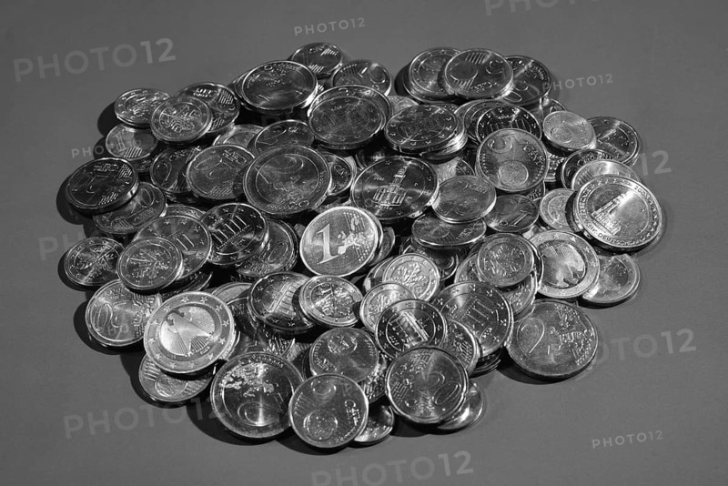 Euro coins, small change, a pile of money, black and white image, Hamburg, Hamburg, Federal Republic of Germany