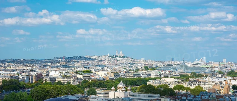 View over the rooftops of Paris on a sunny day in summer with few clouds, white city with some green trees, in the background Montmartre, Paris, France, Europe