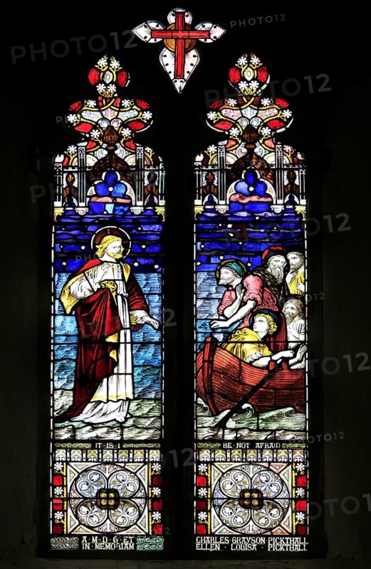 Jesus calmimg the storm stained glass window, Church of Saint Peter, Chillesford, Suffolk, England, UK