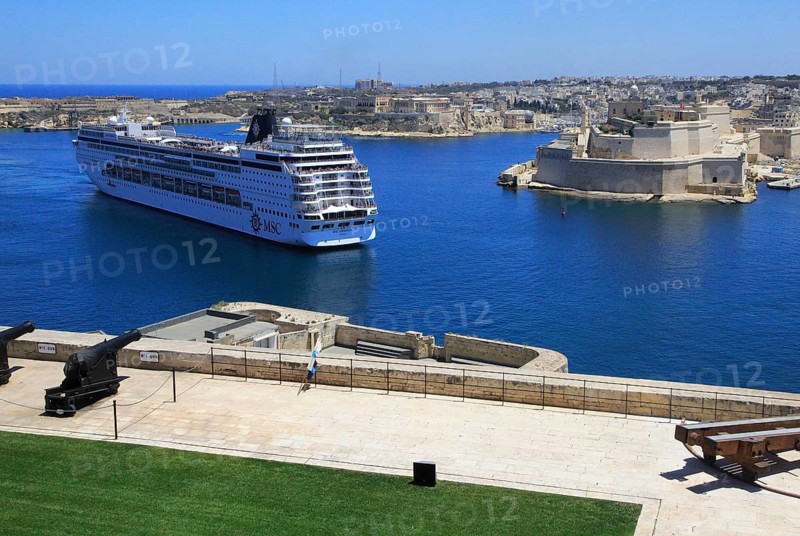 MSC cruise ship in Grand Harbour arriving in Valletta, Malta, Europe