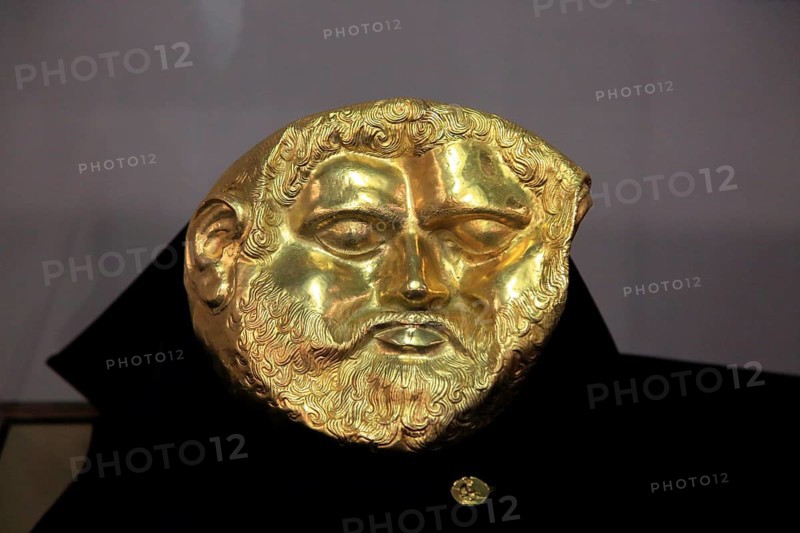 Gold mask of a Thracian king on display in Kazanlak museum, Bulgaria, Europe