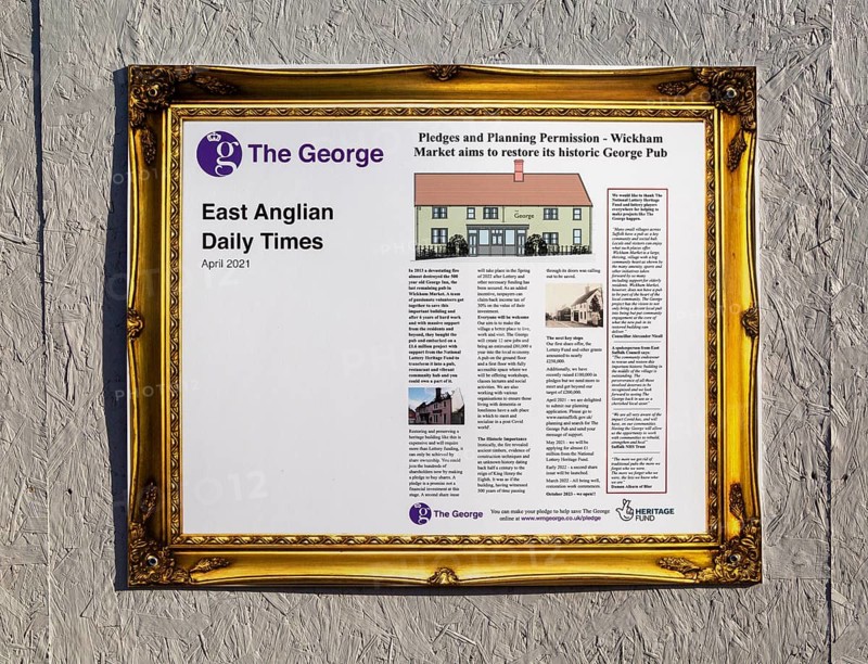 Heritage Fund information about rebuilding the The George pub, Wickham Market, Suffolk, England, UK, newspaper article