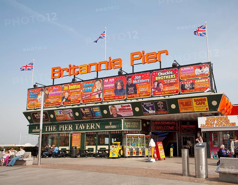 Britannia Pier with posters for nationally known performers and celebrities, Great Yarmouth, Norfolk, England, United Kingdom, Europe
