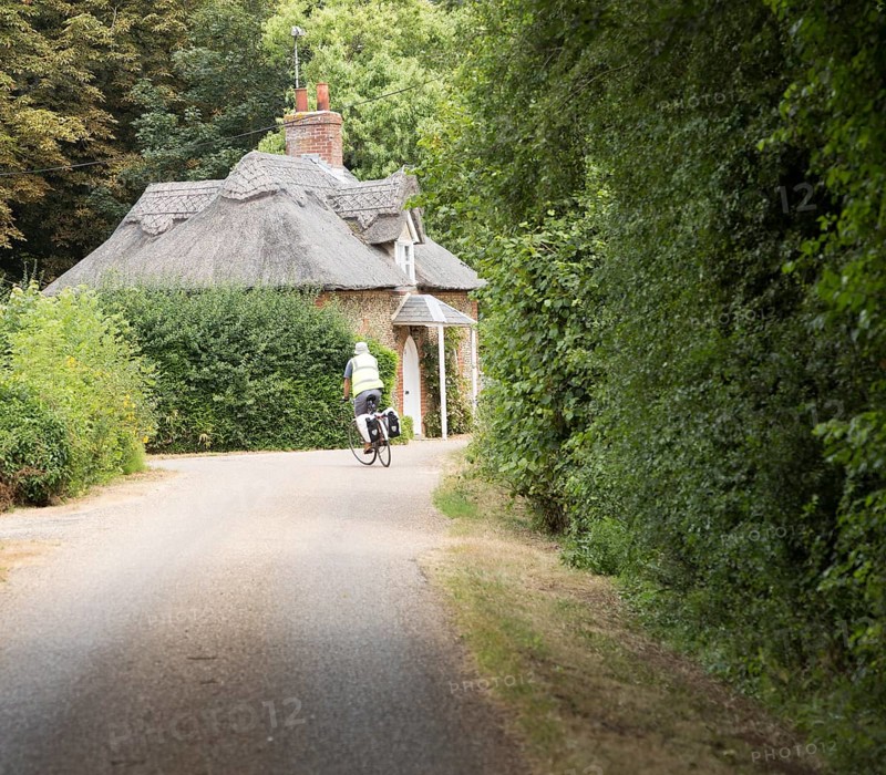 Cyclist wearing high visibility yellow jacket cycling on quiet country lane, Sutton, Suffolk, England, UK