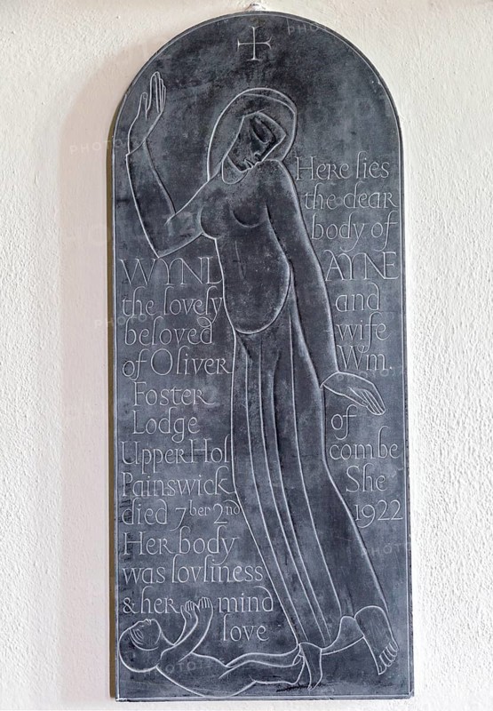 Eric Gill engraved slate memorial tablet in village parish church of Saint Michael, Wilsford cum Lake, Wiltshire, England, UK