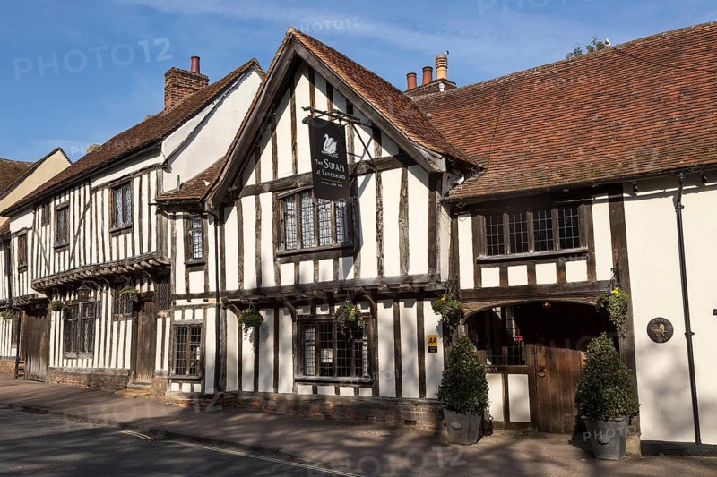 Historic Tudor architecture of the Swan Hotel, Lavenham, Suffolk, England, UK