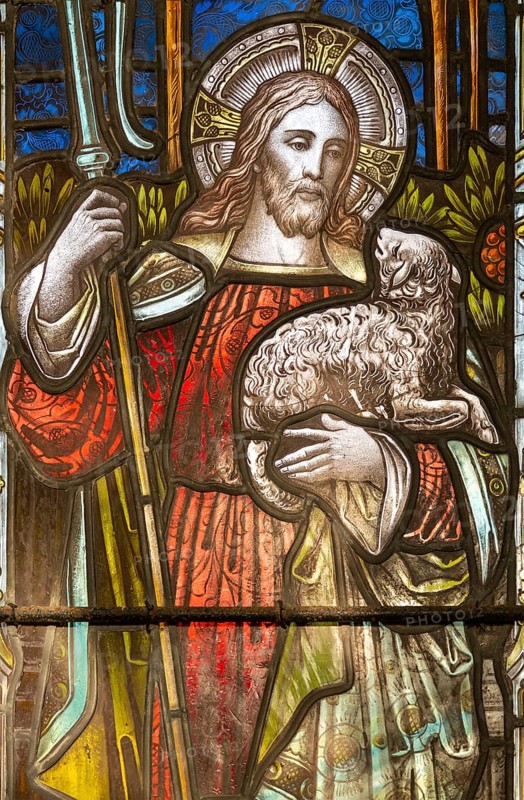 Stained glass window of Jesus Christ the Good Shepherd, Christian Malford church, Wiltshire, England, UK c 1884 by A. Savell