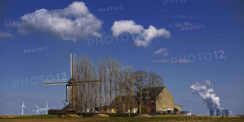 Historic Düppelsmühle, trestle windmill on a ridge near Titz in front of the Neurath power station, Düren district, Lower Rhine, North Rhine-Westphalia, Germany, Europe