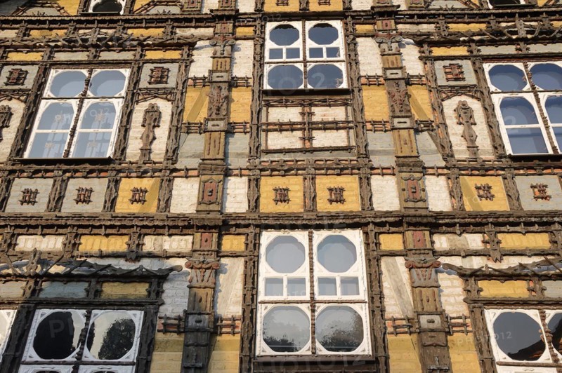 Façade of the Junkerhaus, half-timbered house by Karl Junker, Lemgo, North Rhine-Westphalia, Germany, Europe