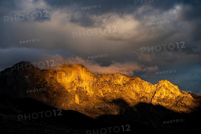 Montafon mountains with dramatic cloudy sky at sunset, Tschagguns, Rätikon, Montafon, Vorarlberg, Austria, Europe