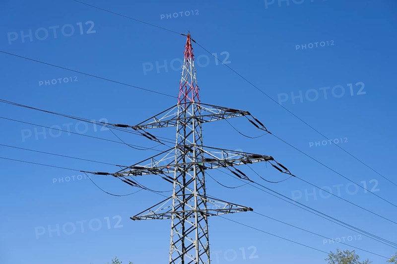 Power pylon on the motorway, Bavaria, Germany, Europe