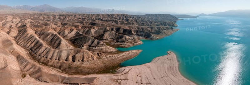 Aerial view, erosion landscape on the Naryn River, Toktogul Reservoir, Kyrgyzstan, Asia
