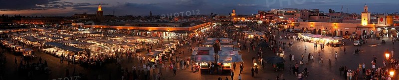 Restaurants in the evening on the Djemaa el Fna square in Marrakech, Morocco, Africa