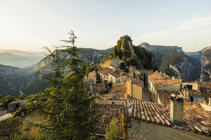 Mountain village, sunrise, Rougon, Verdon Gorge, Gorges du Verdon, Alpes-de-Haute-Provence department, Provence-Alpes-Côte d'Azur region, France, Europe