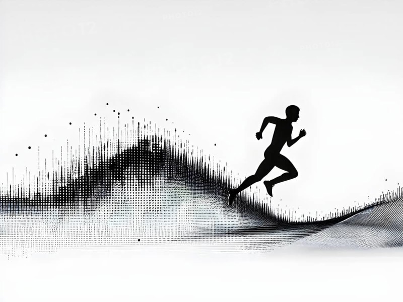Wave of data points shaping into a runners silhouette, abstract illustration in black and white, conveying speed and precision guided by AI, AI generated