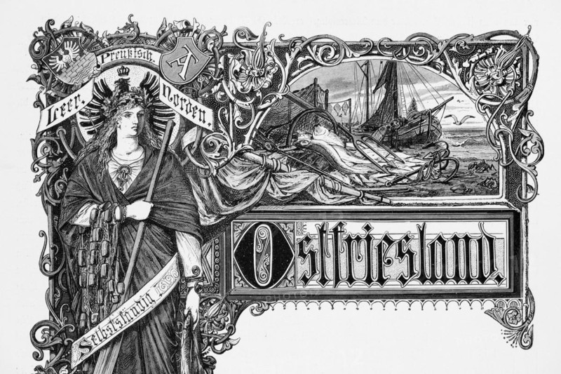 East Frisia, Lower Saxony, Germany, emblem, symbol, Germania, inscription, Prussian, SPQR, Roman, eagle, North Sea, ship, historical illustration 1880, Europe