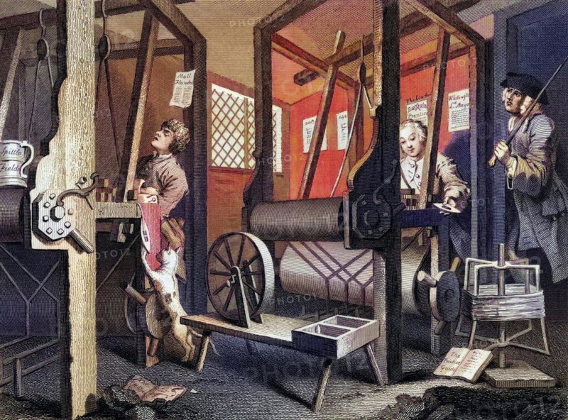 Industry and Idleness The fellow prentices at their looms From the original design by Hogarth from The Works of Hogarth published London 1833, Historic, digitally restored reproduction from a 19th century original, Record date not stated