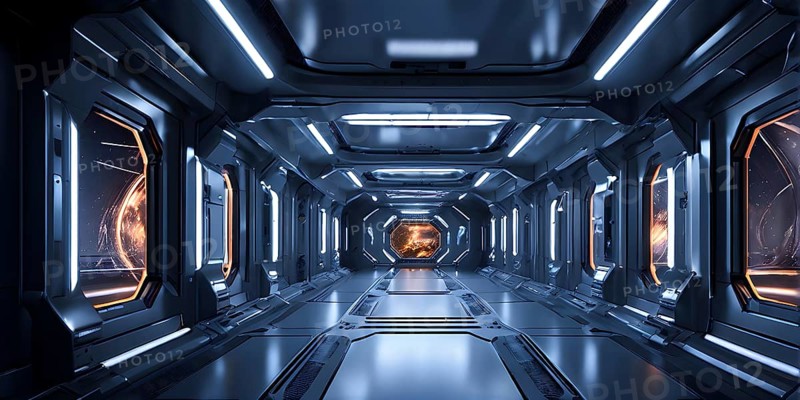 Three dimensional render of futuristic corridor inside a spaceship or space station, AI generated