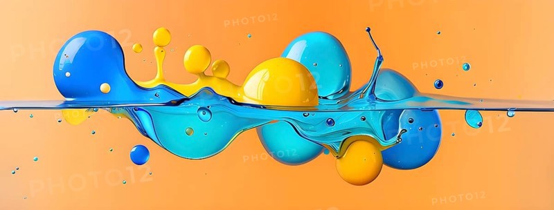 Abstract wallpaper with colorful turquoise and yellow blobs and liquid shapes on a orange background, AI generated