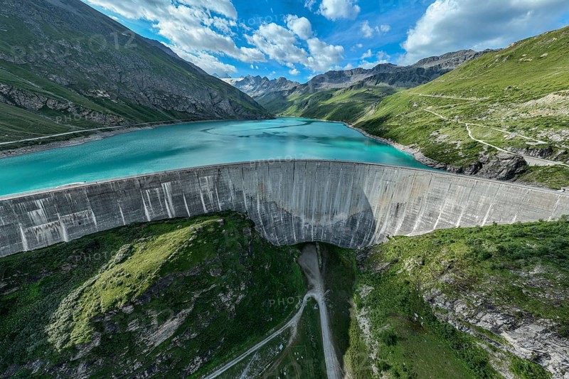 Dam of the Moiry lake, Lac de Moiry, turquoise glacial water, aerial view, Valais, Switzerland, Europe