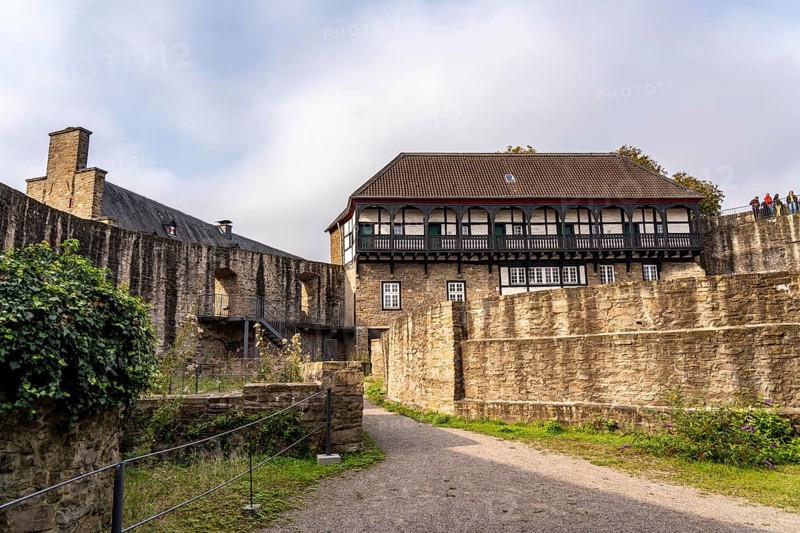 Broich Castle on the west bank of the Ruhr near the city centre, the fortification is in parts the oldest preserved early medieval fortification from the late Carolingian period north of the Alps, today a museum and event location, in Mülheim an der Ruhr, North Rhine-Westphalia, Germany, Europe