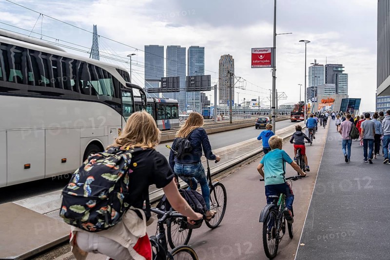 Cyclist on the cycle path of the Erasmus Bridge over the Nieuwe Maas, skyline of the skyscrapers on the Kop van Zuid, Rotterdam, Netherlands
