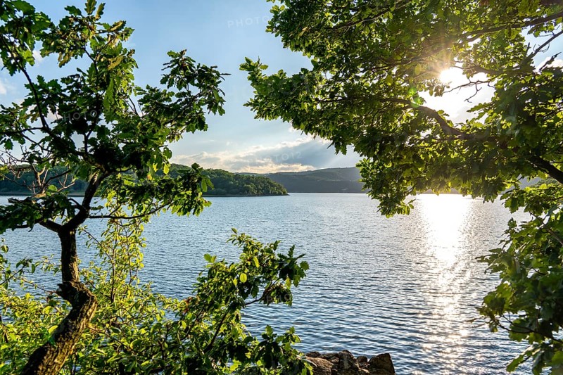Lake Rursee, reservoir in the Eifel National Park, north-east bank near Heimbach, near the Rur dam Schwammenauel, North Rhine-Westphalia, Germany, Europe