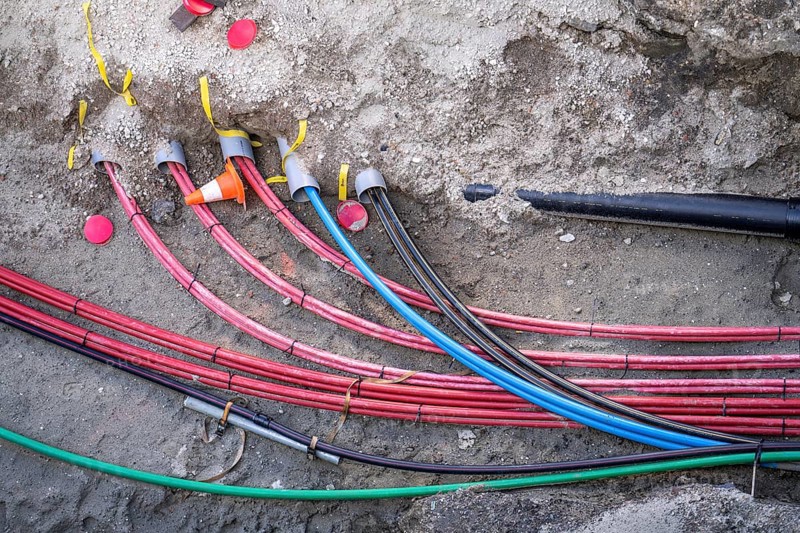Power cables, electrical cables, supply cables, in a construction pit, were newly laid, power supply