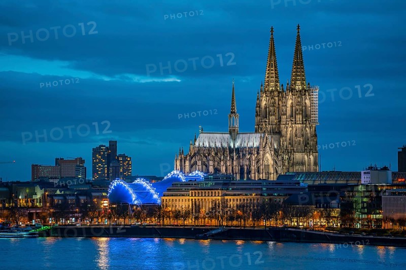 Skyline of Cologne, with the cathedral, Musical Dome theatre, on the Rhine, North Rhine-Westphalia, Germany, Europe