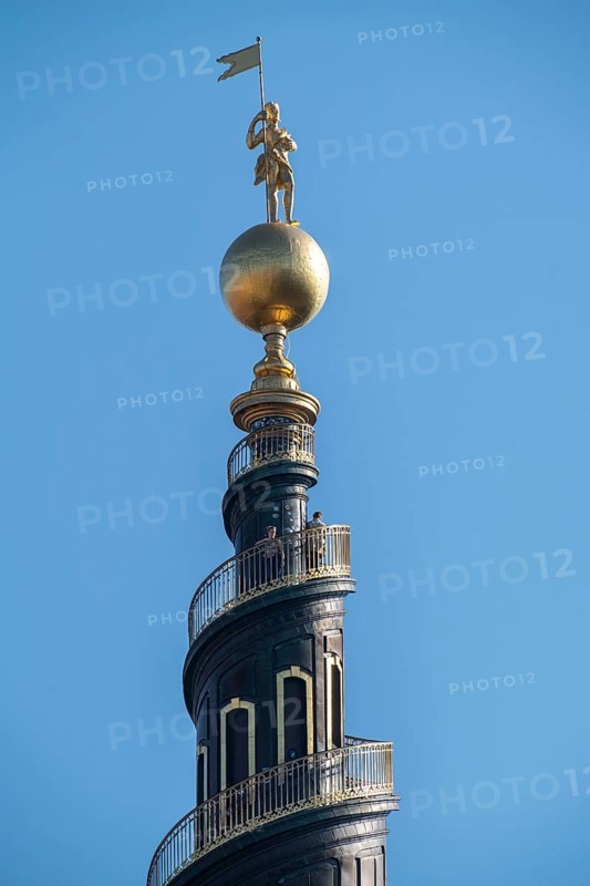 Church tower with spiral staircase to the top, in front of Freisers Kirke, Christianshavns, old district, at the same time very lively and hip neighbourhood, crossed by many canals, with shops, pubs, living space, Copenhagen, Denmark, Europe