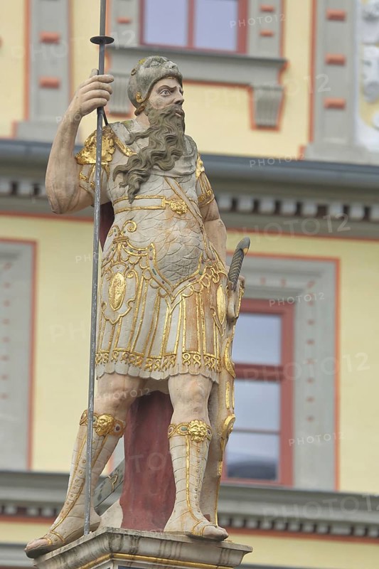 Roman sculpture, warrior with coat of arms, man, lance, knight, lansquenet, historical, Roman, figure, detail, Roland, fish market, Erfurt, Thuringia, Germany, Europe
