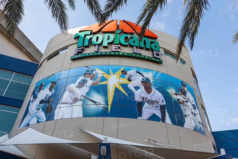 Logo and display above entrance to Tropicana Field Stadium in St. Petersburg, Florida, USA, North America