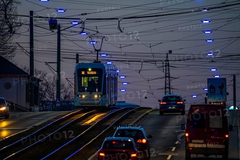 The Blue Ribbon, a light installation along Kurt-Schumacher-Straße, in Gelsenkirchen Schalke, 2.7 km long, organised by the Schalker Markt Foundation, North Rhine-Westphalia, Germany, Europe