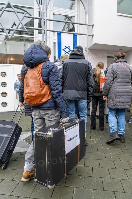 Suitcase march in Recklinghausen, for the 2nd time over 500 people walk through Recklinghausen, carrying suitcases with the inscription #WeRemember, in memory of the deportation of 216 Jews in the Nazi era in RE, on the day in front of the International Holocaust Remembrance Day, to the synagogue, followed by a memorial service, the names of the deported people are written on the pillars, North Rhine-Westphalia, Germany, Europe