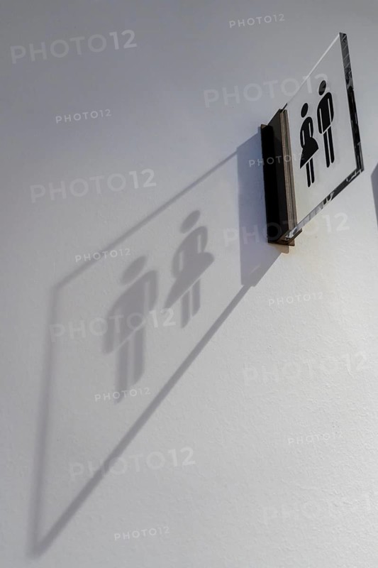 Transparent sign, indication of toilets, WC, with shade